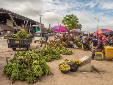 Leticia, Kolombiya - 24 Mart 2018: Amazon Nehri pazarında çok sayıda farklı türde yerel muz. Latin Amerika.