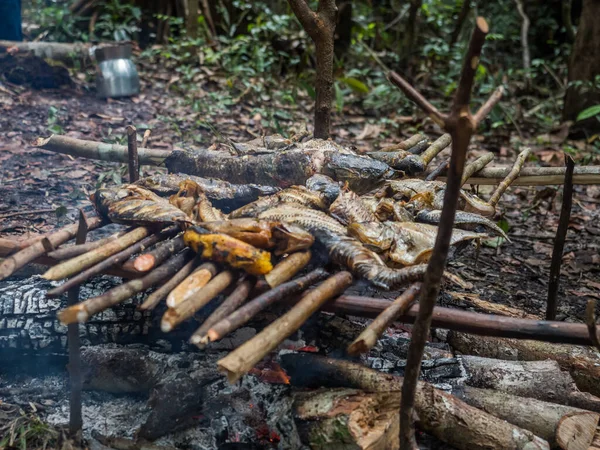 Lagoon Brazil March 2018 Grilling Fish Bananas Fireplece Camp Amazons — Stock Photo, Image