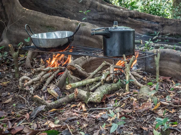 Lagune Brasilien November 2017 Kochen Auf Dem Kaminfeuer Camp Amazonas — Stockfoto