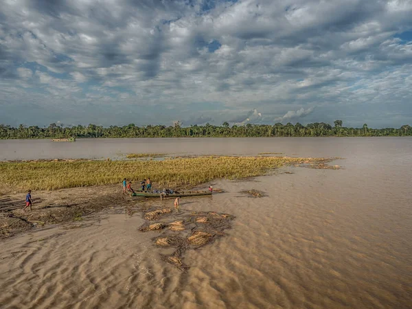 Amazone Rivier Peru December 2018 Tijdens Het Laagseizoen Verschijnt Rijstteelt — Stockfoto