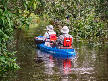 Pacaya Samiria Ulusal Rezervi, Peru - Apr, 2022: Amazon yağmur ormanlarındaki Ucayali Nehri 'nin Yarapa Nehri kolunda keşif yapan kanolardaki turistler. Ekoloji konsepti. Amazonia. Güney Amerika