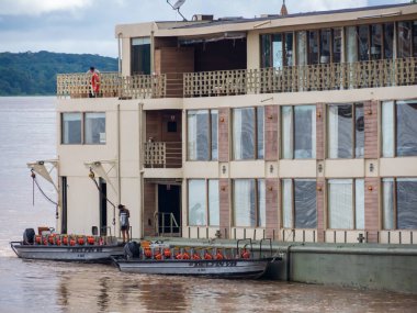 Nauta, Loreto, Peru - Apr, 2022: Luxury tourist cruise ship on the the Maranon river,  Amazon basin near Nauta. Amazonia. Peru. South America.