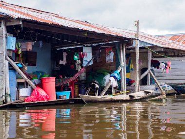 Iquitos, Peru - Apr, 2022:  Floating shantytown of Beln consisting of scores of huts, built on rafts, which rise and fall with the river. Latin America.
