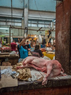 Iquitos, Peru - Aralık 06, 2018: Çeşitli et ve balık türleri ve meyvelerle pazar. Belen Pazarı. Latin Amerika. Beln Mercado.