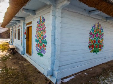 Zalipie, Polonya - 06 Ocak 2017: Zalipie köyündeki ahşap evin duvarlarına renkli çiçekler çizildi. Polonya. Paskalya Avrupa.