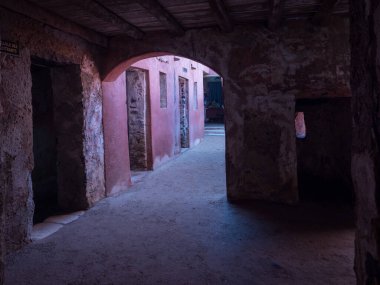 Joal-Fadiout, Senegal - 24 Ocak 2019: Siyah bir adam Senegal yolunda eşek arabasıyla geziyor. Afrika 'da popüler bir ulaşım yoludur ve Senegal' in Petite Cte 'sinin sonunda bu bölgede komün kurar. Afrika.