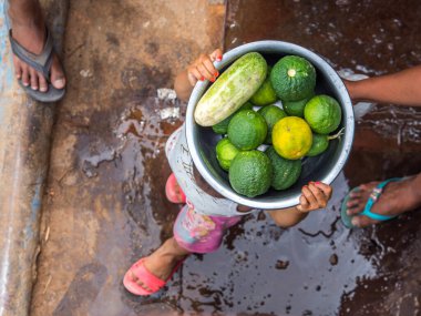 Amazon Nehri yakınlarındaki küçük bir köy, Peru - 03 Aralık 2018: Çocuk işçi sınıfı. Santa Rosa 'dan Amazon nehrindeki Iquitos' a yüzen feribotta meyve satan küçük bir kız.