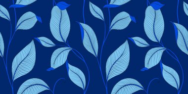 Şatafatlı, dikişsiz, çizgili yapraklı. Minimalist doğrusal tarzda zarif bir çiçek arkaplanı. Moda çizgisi tasarım elemanı. Vektör illüstrasyonu.