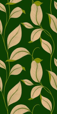 Şatafatlı, dikişsiz, çizgili yapraklı. Minimalist doğrusal tarzda zarif bir çiçek arkaplanı. Moda çizgisi tasarım elemanı. Vektör illüstrasyonu.