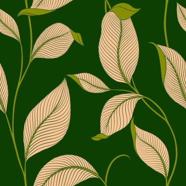 Şatafatlı, dikişsiz, çizgili yapraklı. Minimalist doğrusal tarzda zarif bir çiçek arkaplanı. Moda çizgisi tasarım elemanı. Vektör illüstrasyonu.