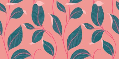 Şatafatlı, dikişsiz, çizgili yapraklı. Minimalist doğrusal tarzda zarif bir çiçek arkaplanı. Moda çizgisi tasarım elemanı. Vektör illüstrasyonu.