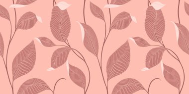 Şatafatlı, dikişsiz, çizgili yapraklı. Minimalist doğrusal tarzda zarif bir çiçek arkaplanı. Moda çizgisi tasarım elemanı. Vektör illüstrasyonu.