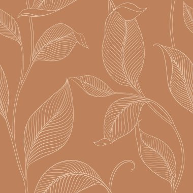 Şatafatlı, dikişsiz, çizgili yapraklı. Minimalist doğrusal tarzda zarif bir çiçek arkaplanı. Moda çizgisi tasarım elemanı. Vektör illüstrasyonu.