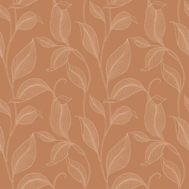 Şatafatlı, dikişsiz, çizgili yapraklı. Minimalist doğrusal tarzda zarif bir çiçek arkaplanı. Moda çizgisi tasarım elemanı. Vektör illüstrasyonu.
