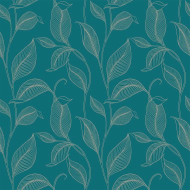 Şatafatlı, dikişsiz, çizgili yapraklı. Minimalist doğrusal tarzda zarif bir çiçek arkaplanı. Moda çizgisi tasarım elemanı. Vektör illüstrasyonu.