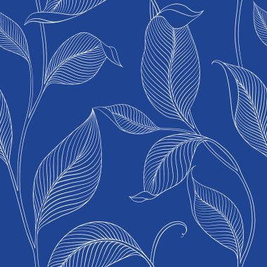 Şatafatlı, dikişsiz, çizgili yapraklı. Minimalist doğrusal tarzda zarif bir çiçek arkaplanı. Moda çizgisi tasarım elemanı. Vektör illüstrasyonu.