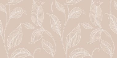 Şatafatlı, dikişsiz, çizgili yapraklı. Minimalist doğrusal tarzda zarif bir çiçek arkaplanı. Moda çizgisi tasarım elemanı. Vektör illüstrasyonu.