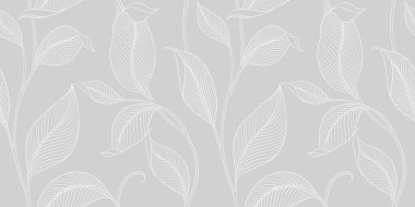 Şatafatlı, dikişsiz, çizgili yapraklı. Minimalist doğrusal tarzda zarif bir çiçek arkaplanı. Moda çizgisi tasarım elemanı. Vektör illüstrasyonu.