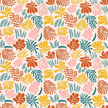 Modern abstract background with leaves and flowers in Matisse style. Vector seamless pattern with Scandinavian cut out elements. Hand drawn contemporary art collage.