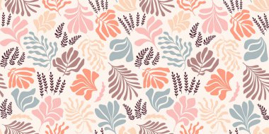 Modern abstract background with leaves and flowers in Matisse style. Vector seamless pattern with Scandinavian cut out elements. Hand drawn contemporary art collage.