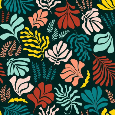 Modern abstract background with leaves and flowers in Matisse style. Vector seamless pattern with Scandinavian cut out elements. Hand drawn contemporary art collage.