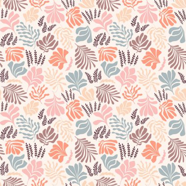 Modern abstract background with leaves and flowers in Matisse style. Vector seamless pattern with Scandinavian cut out elements. Hand drawn contemporary art collage.