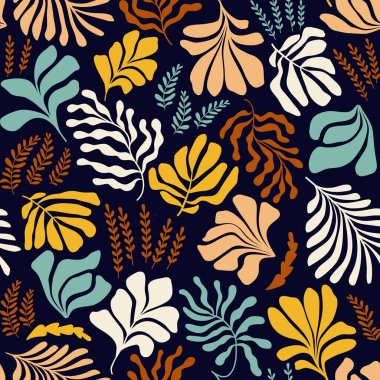 Modern abstract background with leaves and flowers in Matisse style. Vector seamless pattern with Scandinavian cut out elements. Hand drawn contemporary art collage.