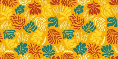 Modern abstract background with leaves and flowers in Matisse style. Vector seamless pattern with Scandinavian cut out elements. Hand drawn contemporary art collage.