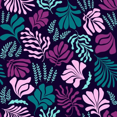 Modern abstract background with leaves and flowers in Matisse style. Vector seamless pattern with Scandinavian cut out elements. Hand drawn contemporary art collage.