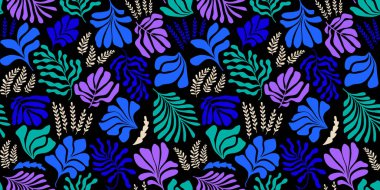 Modern abstract background with leaves and flowers in Matisse style. Vector seamless pattern with Scandinavian cut out elements. Hand drawn contemporary art collage.