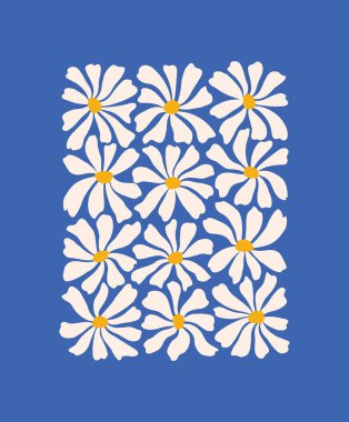 Harika papatya desenli çiçekler. Papatya çiçeklerinin modaya uygun Matisse tarzında minimalist bir illüstrasyonu. Botanik soyut sanat posteri.