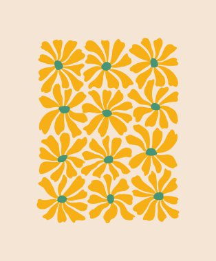 Harika papatya desenli çiçekler. Papatya çiçeklerinin modaya uygun Matisse tarzında minimalist bir illüstrasyonu. Botanik soyut sanat posteri.