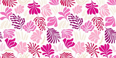 Modern abstract background with leaves and flowers in Matisse style. Vector seamless pattern with Scandinavian cut out elements. Hand drawn contemporary art collage.