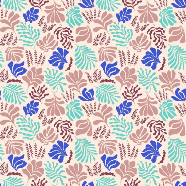 Modern abstract background with leaves and flowers in Matisse style. Vector seamless pattern with Scandinavian cut out elements. Hand drawn contemporary art collage.