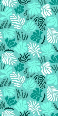 Modern abstract background with leaves and flowers in Matisse style. Vector seamless pattern with Scandinavian cut out elements. Hand drawn contemporary art collage.