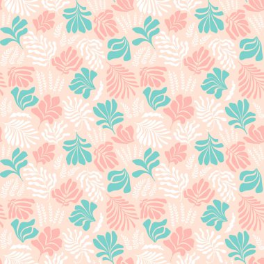 Modern abstract background with leaves and flowers in Matisse style. Vector seamless pattern with Scandinavian cut out elements. Hand drawn contemporary art collage.