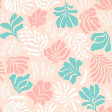 Modern abstract background with leaves and flowers in Matisse style. Vector seamless pattern with Scandinavian cut out elements. Hand drawn contemporary art collage.