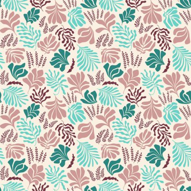 Modern abstract background with leaves and flowers in Matisse style. Vector seamless pattern with Scandinavian cut out elements. Hand drawn contemporary art collage.