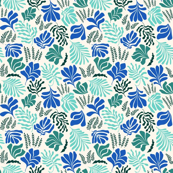 Modern abstract background with leaves and flowers in Matisse style. Vector seamless pattern with Scandinavian cut out elements. Hand drawn contemporary art collage.