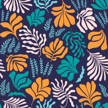 Modern abstract background with leaves and flowers in Matisse style. Vector seamless pattern with Scandinavian cut out elements. Hand drawn contemporary art collage.