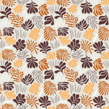 Modern abstract background with leaves and flowers in Matisse style. Vector seamless pattern with Scandinavian cut out elements. Hand drawn contemporary art collage.