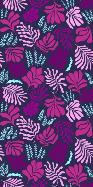 Modern abstract background with leaves and flowers in Matisse style. Vector seamless pattern with Scandinavian cut out elements. Hand drawn contemporary art collage.