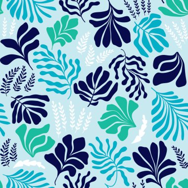 Modern abstract background with leaves and flowers in Matisse style. Vector seamless pattern with Scandinavian cut out elements. Hand drawn contemporary art collage.