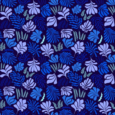Modern abstract background with leaves and flowers in Matisse style. Vector seamless pattern with Scandinavian cut out elements. Hand drawn contemporary art collage.