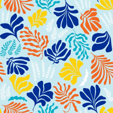 Modern abstract background with leaves and flowers in Matisse style. Vector seamless pattern with Scandinavian cut out elements. Hand drawn contemporary art collage.