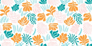 Modern abstract background with leaves and flowers in Matisse style. Vector seamless pattern with Scandinavian cut out elements. Hand drawn contemporary art collage.