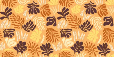 Modern abstract background with leaves and flowers in Matisse style. Vector seamless pattern with Scandinavian cut out elements. Hand drawn contemporary art collage.