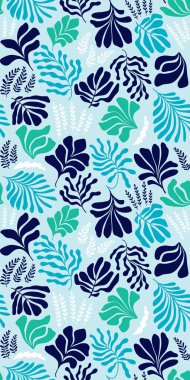 Modern abstract background with leaves and flowers in Matisse style. Vector seamless pattern with Scandinavian cut out elements. Hand drawn contemporary art collage.