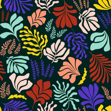 Modern abstract background with leaves and flowers in Matisse style. Vector seamless pattern with Scandinavian cut out elements. Hand drawn contemporary art collage.