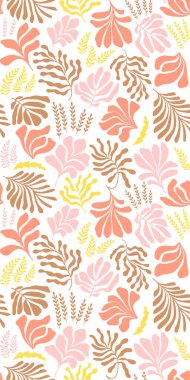 Modern abstract background with leaves and flowers in Matisse style. Vector seamless pattern with Scandinavian cut out elements. Hand drawn contemporary art collage.